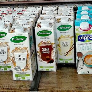 Every sort of vegetable milk is available at the vegan store at Vegan Store Stall 83 in Rome
