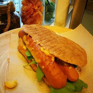 Vegan sandwich hot dog, seitan at Vegan Store Stall 83 in Rome
