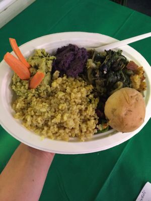 Combination dish: rice, red beans, pea hummus with carrot sticks, purple cabbage hummus, sautéed endive with olives and toasted bread cubes, walnut bread bun at Vegan Store Stall 83 in Rome