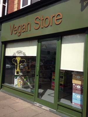Front of store-appealing and clean, a must visit for vegan staples and treats at Purely Vegan Store in Birmingham