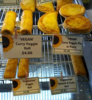 Vegan curry veggie roll, pie or pasty; vegetarian veggie roll or spinach roll at Ranch Pies in Warwick
