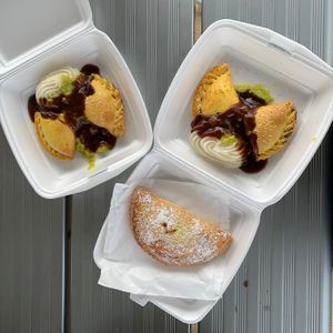 Curry and bangers and mash pastie with mashed peas, potato and gravy and an Apple turnover, costed about $20 for the lot  at Ranch Pies in Warwick