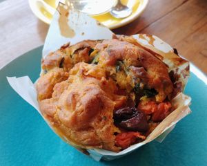 Roast vegetable savoury vegan muffin at The Laughing Owl in Belgrave