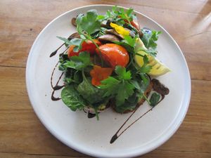 Garden of Eden; avocado on sourdough with mushrooms, tomatoes and spinach. at The Laughing Owl in Belgrave