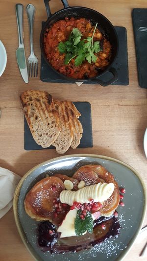 Vegan shakshuka and vegan pancakes at Dots Cafe in Berlin