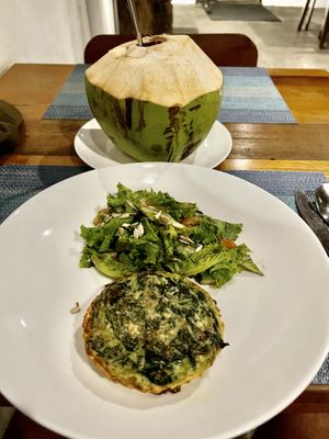 French spinach pastry & coconut juice  at Banlle in Siem Reap