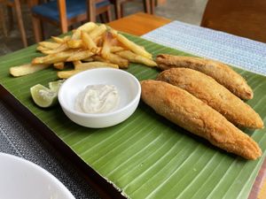 Vegan fish ‘n chips, $4 (plus 5% service charge)  at Banlle in Siem Reap