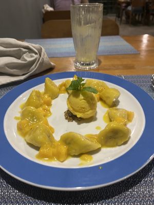 Passion fruit sorbet and fruit plate  at Banlle in Siem Reap