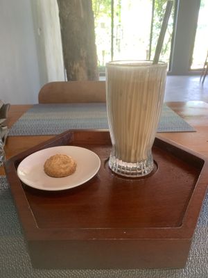 Iced latte with coconut biscuit   at Banlle in Siem Reap