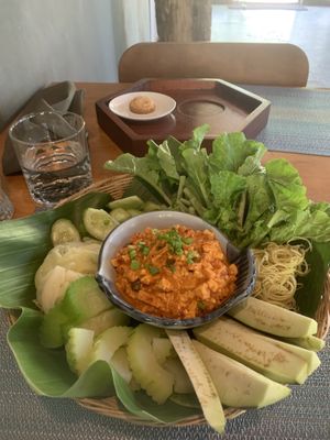 Prahok ktis (fermented tofu with garden crudite vegetables)  at Banlle in Siem Reap