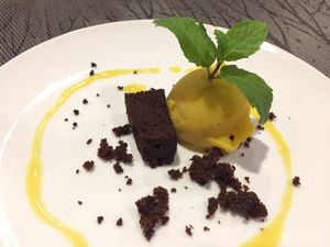 Banlle tasting menu - vegan chocolate brownie with passion fruit sorbet at Banlle in Siem Reap