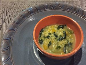 Banlle tasting menu - Hearty rice soup with green leaves, pupkin and eggplant at Banlle in Siem Reap