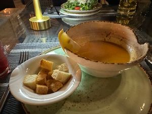 Vegan lentil soup with a vegetable stock, croutons made with out butter. at Platan in Samarkand