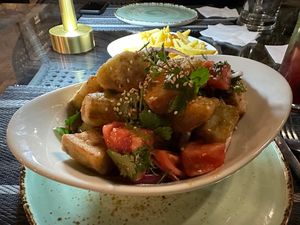 The crispy aubergine and tomato salad with out the beef. Listed as a starter but made up as a main for me. DELICIOUS! 
I came back two days later and had it again as it was SO goo at Platan in Samarkand