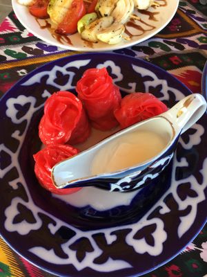Gulkhanum (kind of beetroot dumplings filled with seasonal vegetables) at Minzifa in Bukhara