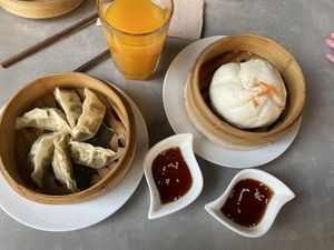 3 (dumplings with vegetables and tofu), 4 (yeast dumpling with vegetables, mushrooms and tofu) and a salad  with noddles and tofu (it’s a bit spicy) at Quy Nguyen - Vegan Living in Berlin