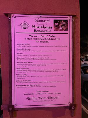 mentions that they are vegan friendly   at Taste of The Himalayas in San Diego