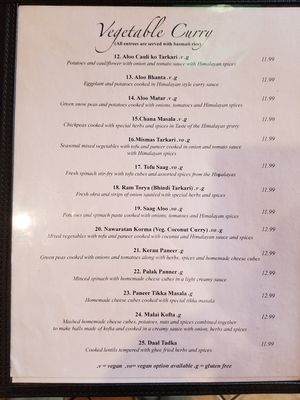 Veg options at Taste of The Himalayas in San Diego