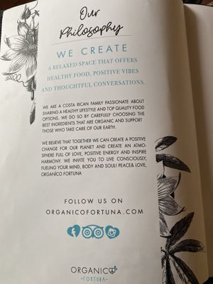 Menu at Organico Fortuna in La Fortuna