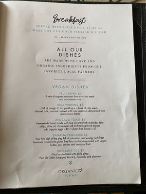 Menu at Organico Fortuna in La Fortuna