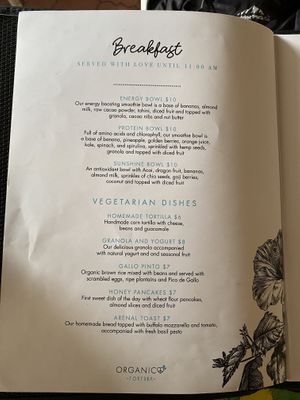 Menu at Organico Fortuna in La Fortuna