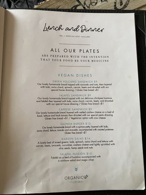 Menu at Organico Fortuna in La Fortuna