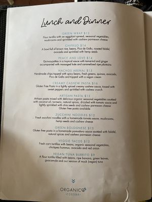 Menu at Organico Fortuna in La Fortuna