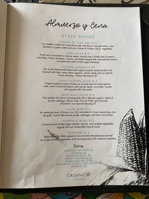 Menu at Organico Fortuna in La Fortuna