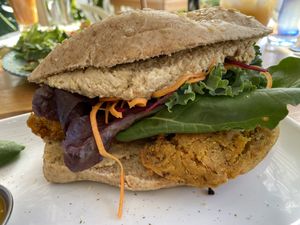 Falafel sandwich- super thick bread but falafels were good at Organico Fortuna in La Fortuna