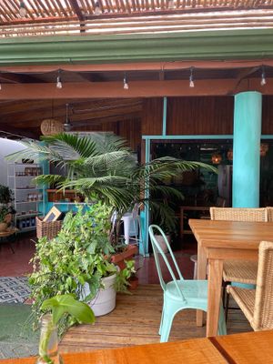 Super cute place. Outdoor and indoor seating and some hanging chairs outside. They also have a store inside with a lot of really cute local/handmade clothes! at Organico Fortuna in La Fortuna