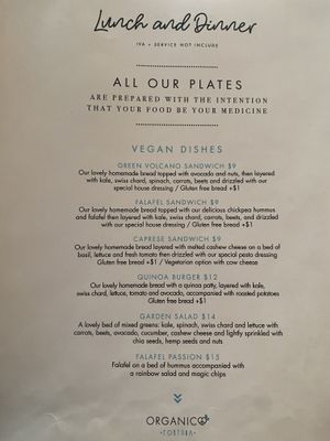 Menu card at Organico Fortuna in La Fortuna