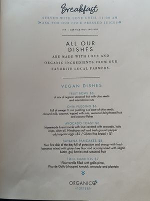 Menu card at Organico Fortuna in La Fortuna