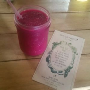 'Surprise' smoothie with vibrant dragonfruit!  at Organico Fortuna in La Fortuna