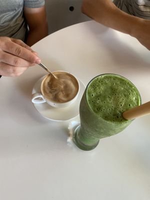 Green energy smoothie and mocha coffee (almond milk)  at Organico Fortuna in La Fortuna