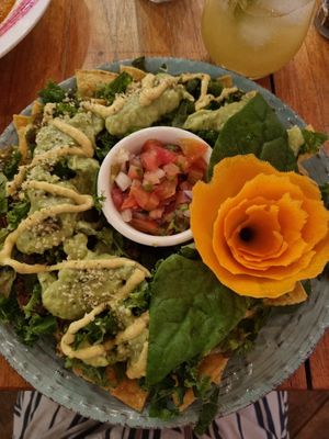 Tortillachips, kale, guacamole, vegan creme, salsa, hempseeds at Organico Fortuna in La Fortuna