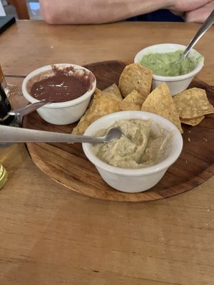 Nacho chips with hummus, guacamole and a bean dip    at Organico Fortuna in La Fortuna