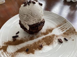 Brownie with vanilla ice cream  at Organico Fortuna in La Fortuna