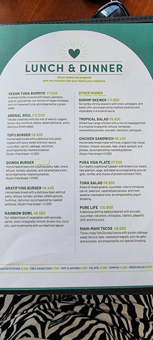 Lunch & dinner menue Part 2 at Organico Fortuna in La Fortuna