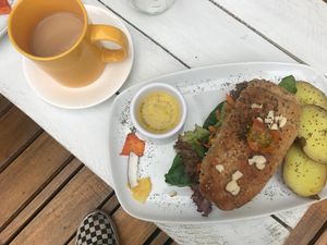 Falafel sandwich and black tea  at Organico Fortuna in La Fortuna