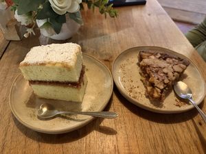 Left is a traditional Costa Rican dessert - like a light vanilla pound cake with guava jam between the layers. Right is apple pie  at Organico Fortuna in La Fortuna