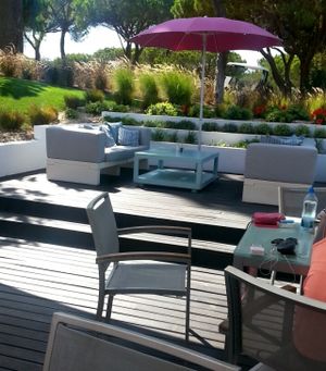 Small section of the outdoor seating at Pure Boutique Cafe in Quinta Do Lago