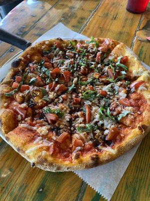 “Big Red” with vegan cheese substitution   at Red Tractor Pizza in Bozeman