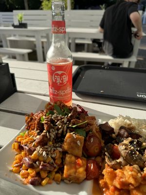 Large plate of mixed hot and cold vegan goodnesss  at Sattgrün in Essen