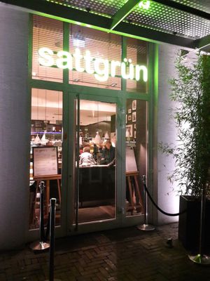 Restaurant is easily seen in the evening from the station exit. at Sattgrün in Essen