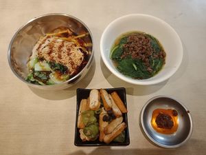 Sesame noodles, vegetables, tofu and spicy sauce at Zheng Gou Chou Steamed Tofu in Taipei