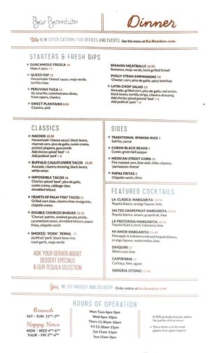 Dinner menu at Bar Bombon in Philadelphia