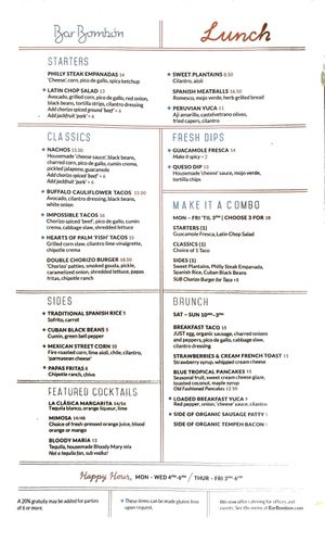 Lunch menu at Bar Bombon in Philadelphia