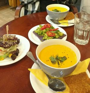 raw soup, burger and pizza :-) at bistRAW & Tea in Prague