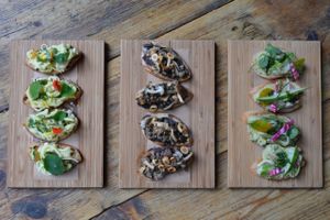 Tartines, from left to right - 

Yellow courgette with cured egg yolk dressing, fresh @homewoodcheeses ewes ricotta and nasturtiums.

Wild mushrooms with toasted hazelnuts and cep oil.

White bean pure with lightly pickled seasonal vegetables and watercress oil. at Flow in Bristol