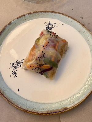 Vietnamese spring roll with peanuts sauce  at La Libelula Vegan Cafe in Fuengirola